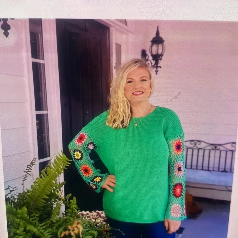 Blakeley Drop Shoulder Green Indie Crochet Top - Boho-Chic Artisanal Flair S S/M